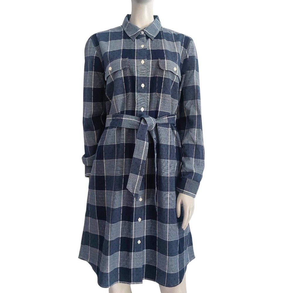 Lands’ End 100% Cotton Plaid Shirtdress M Blue Check Button Up Long Sleeves NEW